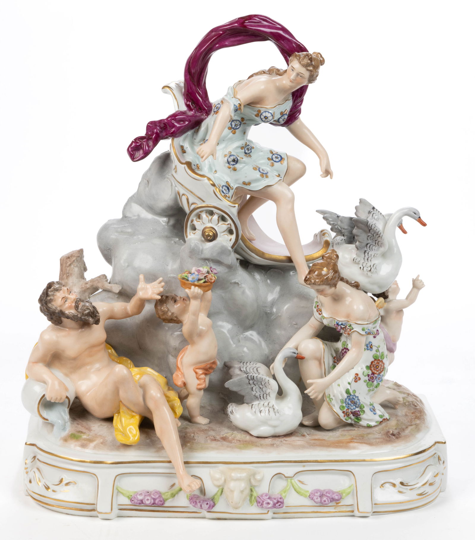 GERMAN BROS. VOIGT MEISSEN-STYLE PORCELAIN MYTHOLOGICAL FIGURAL GROUP: GERMAN BROS. VOIGT MEISSEN-STYLE PORCELAIN MYTHOLOGICAL FIGURAL GROUP, on a rounded rectangular base, having polychrome hand-painted decorations featuring Venus riding in her chariot pulled by tw