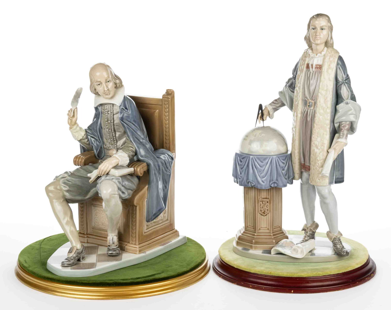 SPANISH LLADRO PORCELAIN FIGURES, LOT OF TWO: SPANISH LLADRO PORCELAIN FIGURES, LOT OF TWO, comprising a Shakespeare limited edition #769 of 1200, featuring the distinguished bard sitting in a chair with an open book on left leg, signed "S. 