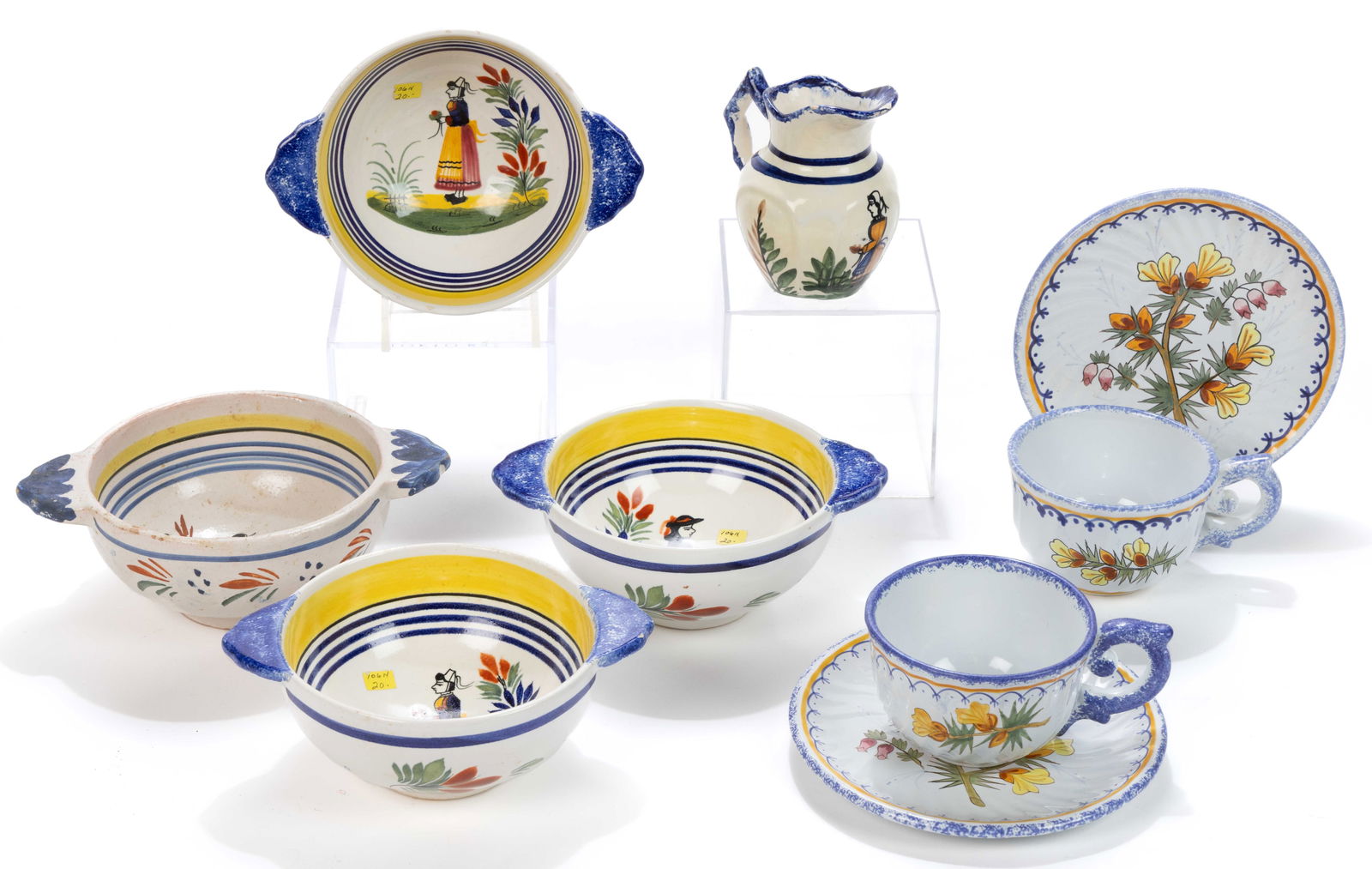 FRENCH HENRIOT QUIMPER HAND-PAINTED FAIENCE CERAMIC TEA AND TABLE ARTICLES, LOT OF SEVEN (1 of 1)