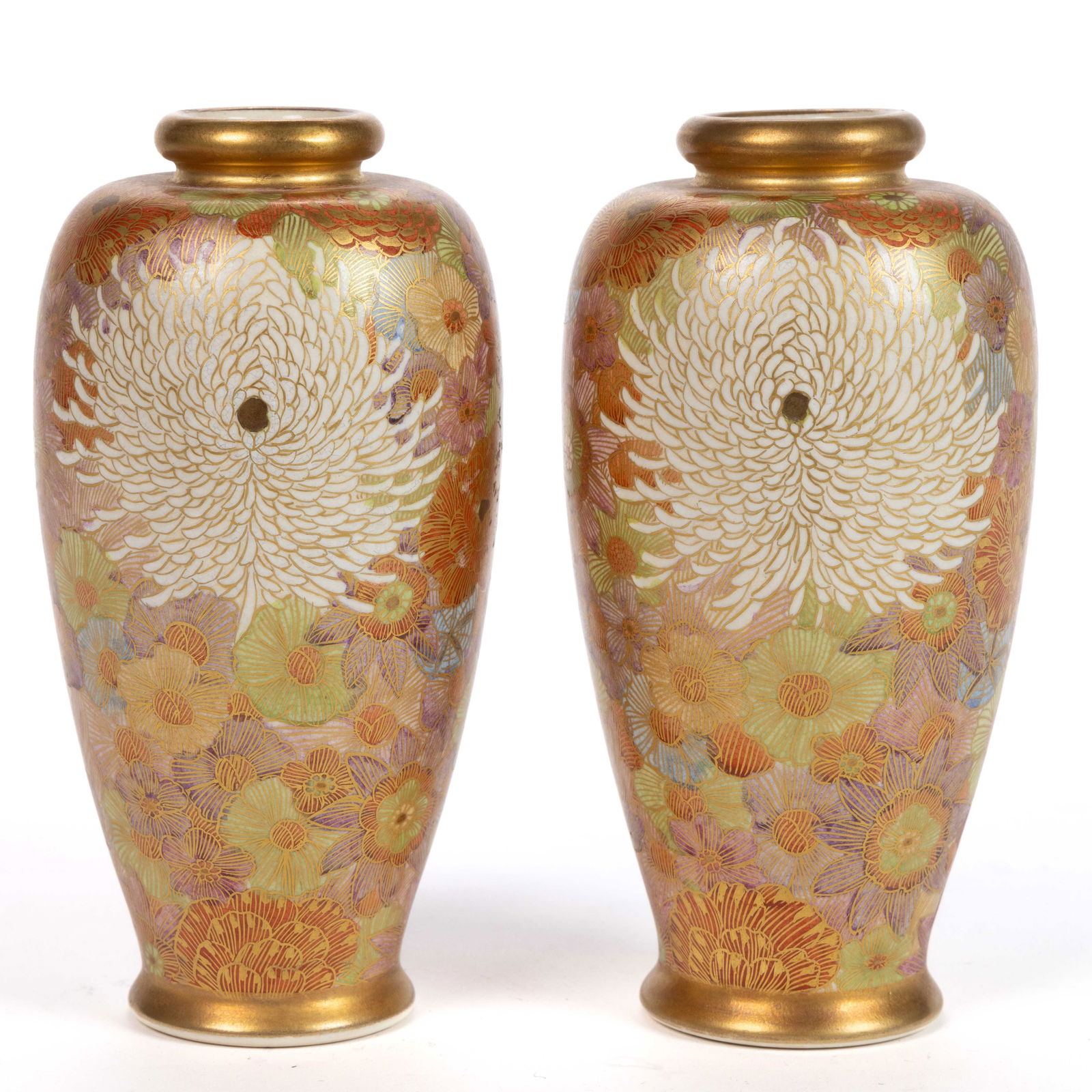 JAPANESE MEIJI PERIOD SATSUMA HAND-PAINTED FLORAL CERAMIC VASE PAIR (1 of 5)