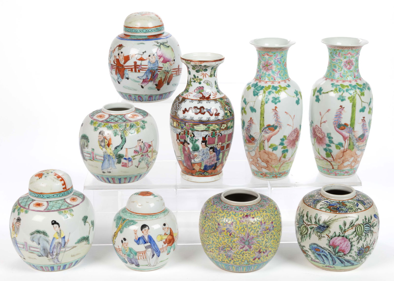 CHINESE EXPORT PORCELAIN FAMILLE ROSE JARS AND VASES, LOT OF NINE (1 of 5)