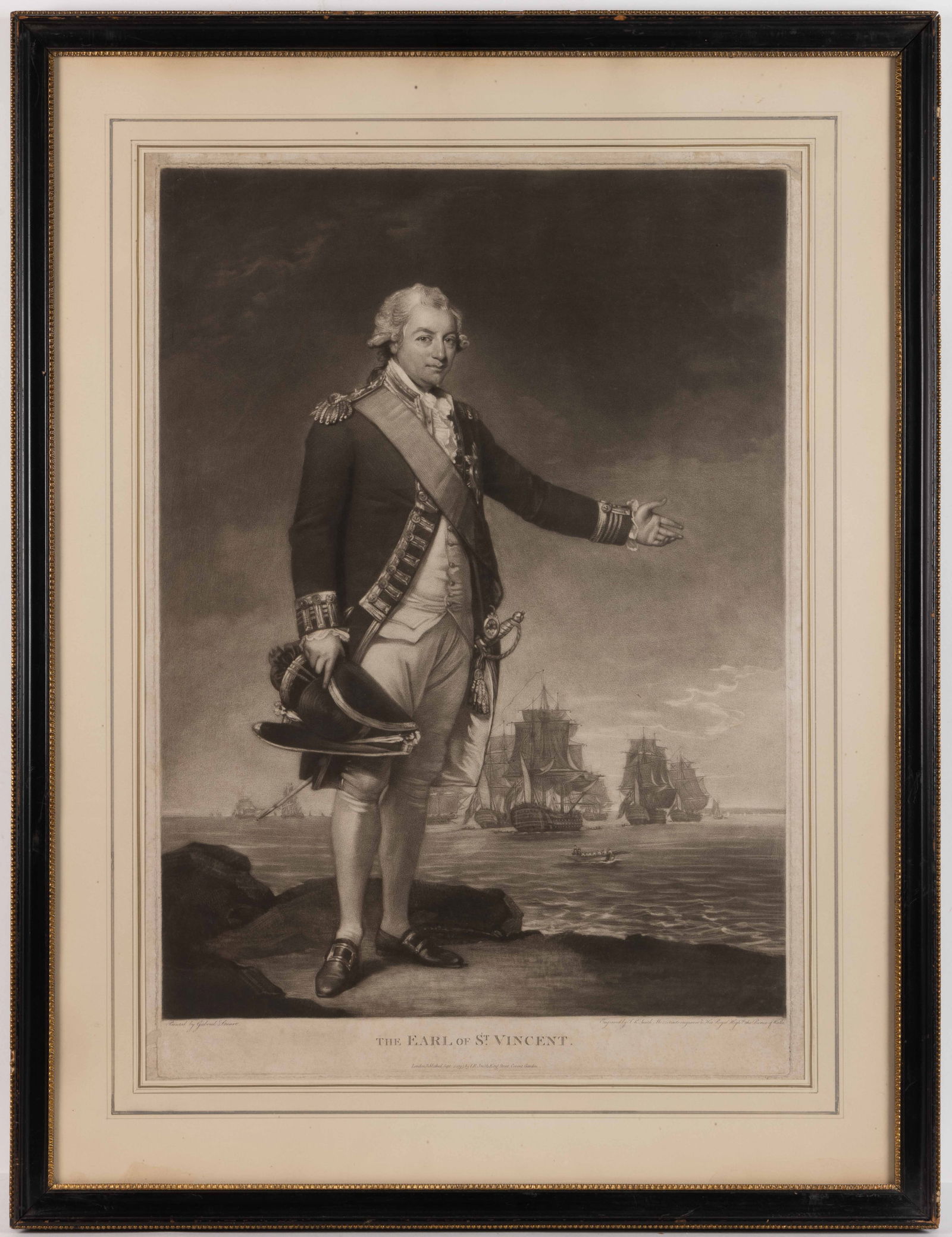 GILBERT STUART (AMERICAN, 1755-1828) MEZZOTINT / ENGRAVING OF JOHN JERVIS, THE EARL OF ST. VINCENT: GILBERT STUART (AMERICAN, 1755 -1828) MEZZOTINT / ENGRAVING OF JOHN JERVIS, THE EARL OF ST. VINCENT (BRITISH, 1752-1820), mezzotint on paper, a full-body depiction of the Earl of St. Vincent standing