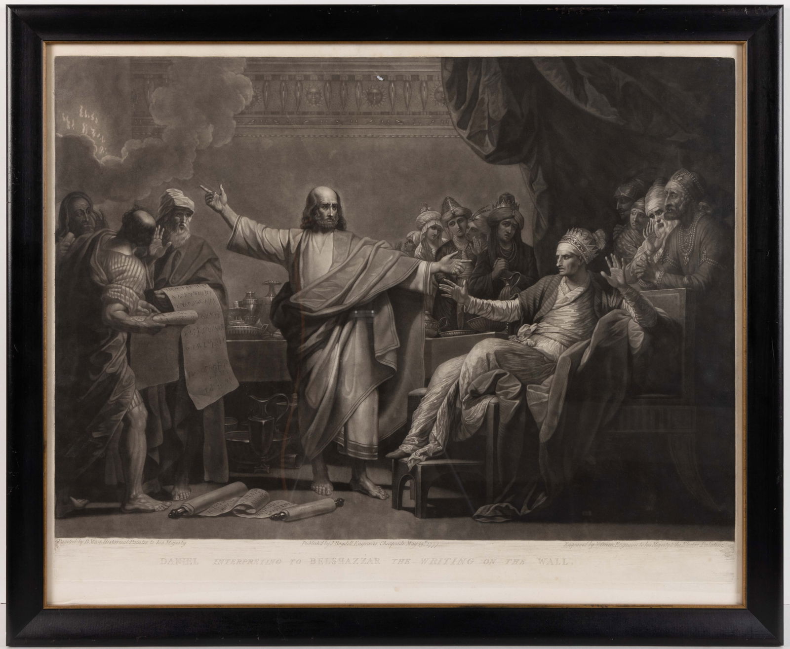 VALENTINE GREEN (ENGLISH, 1739-1813) AFTER BENJAMIN WEST (AMERICAN, 1738-1820) RELIGIOUS / BIBLICAL: VALENTINE GREEN (ENGLISH, 1739-1813) AFTER BENJAMIN WEST (AMERICAN, 1738-1820) RELIGIOUS / BIBLICAL ENGRAVING, mezzotint engraving on laid paper, full title "Daniel Interpreting to Belshazza