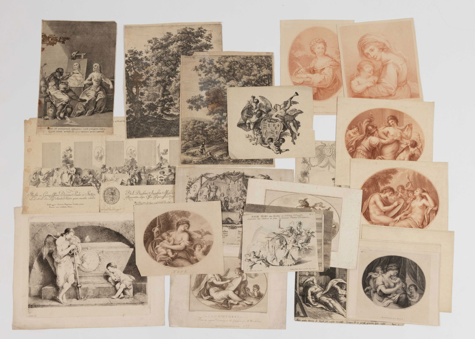 ASSORTED 17TH TO 19TH CENTURY ALLEGORICAL PRINTS, LOT OF 23: ASSORTED 17TH TO 19TH CENTURY ALLEGORICAL PRINTS, LOT OF 23, etchings/engravings, most on laid paper, including 12 by Francesco Bartolozzi (Italian, 1727-1815), Christian Bernard Rode (German, 1725-17