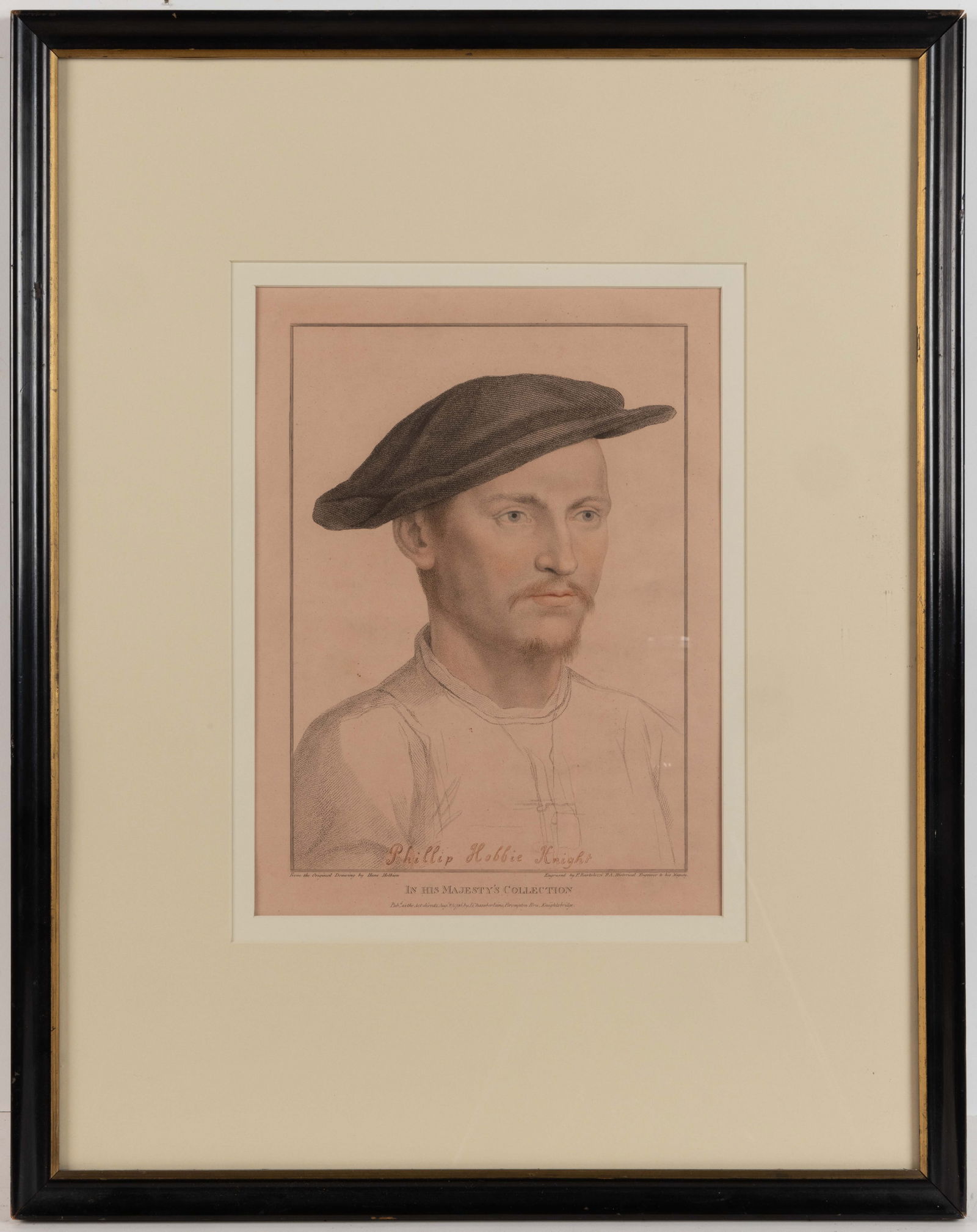 FRANCESCO BARTOLOZZI (ITALIAN, 1728-1815) PORTRAIT OF SIR PHILIP HOBBY PRINT: FRANCESCO BARTOLOZZI (ITALIAN, 1728-1815) PORTRAIT OF SIR PHILIP HOBBY PRINT, etching and stipple engraving, printed in color on pink paper, after Hans Holbein the Younger (German, 1497