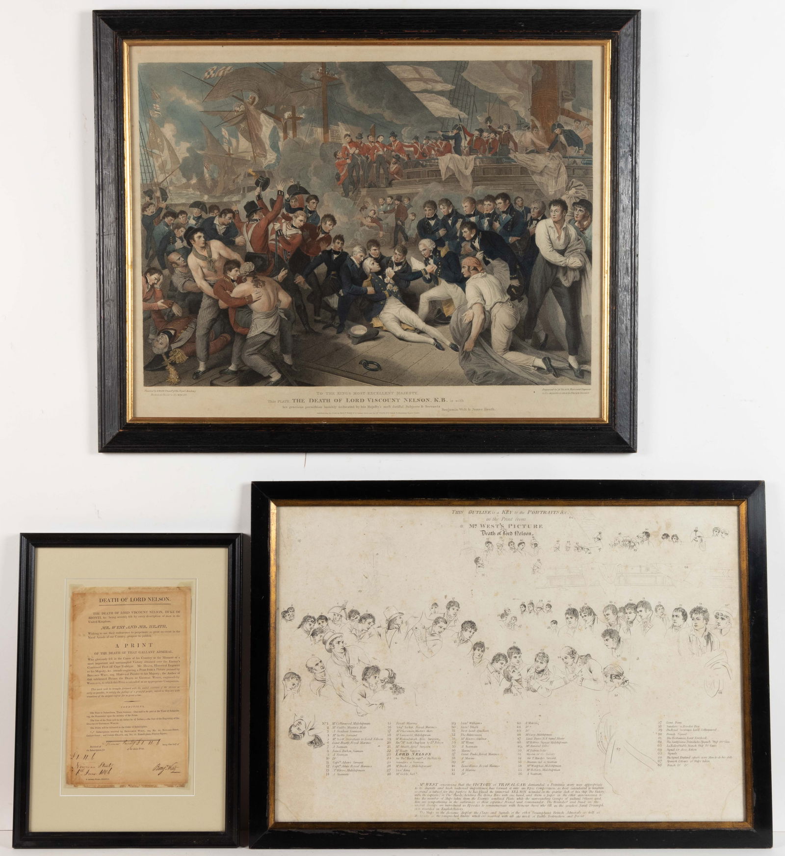 LORD VISCOUNT NELSON HISTORICAL PRINT, SET OF THREE PIECES: LORD VISCOUNT NELSON HISTORICAL PRINT, SET OF THREE PIECES, hand-colored engraving on paper, featuring a detailed depiction of the death of Lord Nelson at the Battle of Trafalgar. Benjamin West, artis
