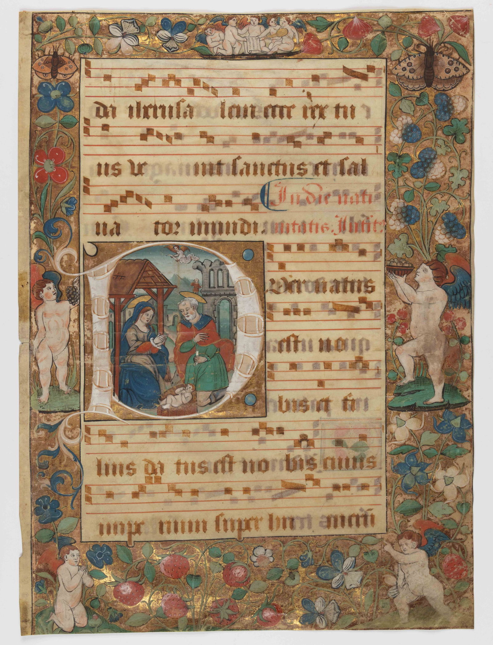 CONTINENTAL ILLUMINATED MANUSCRIPT NATIVITY SCENE ANTIPHONARY / GRADUAL PAGE (1 of 5)