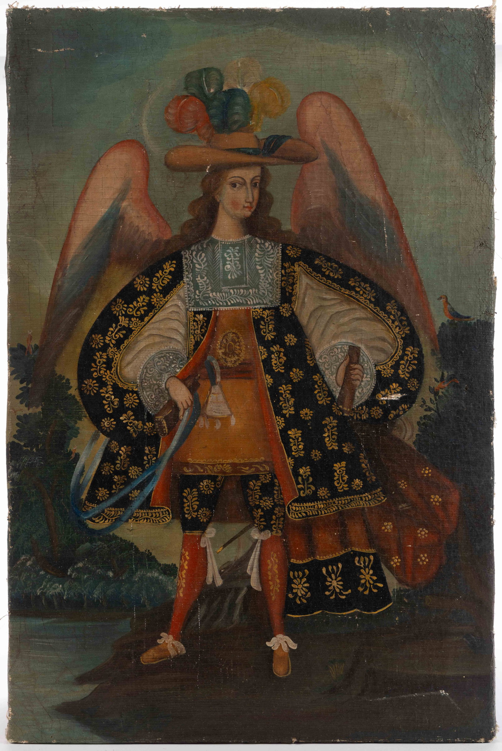 SOUTH AMERICAN CUSCO / CUZCO SCHOOL PAINTING OF AN ARCHANGEL: SOUTH AMERICAN CUSCO / CUZCO SCHOOL PAINTING OF AN ARCHANGEL, oil on canvas, featuring a depiction of a finely dressed unidentified archangel in the Cusco school style normally associated with Peru. U