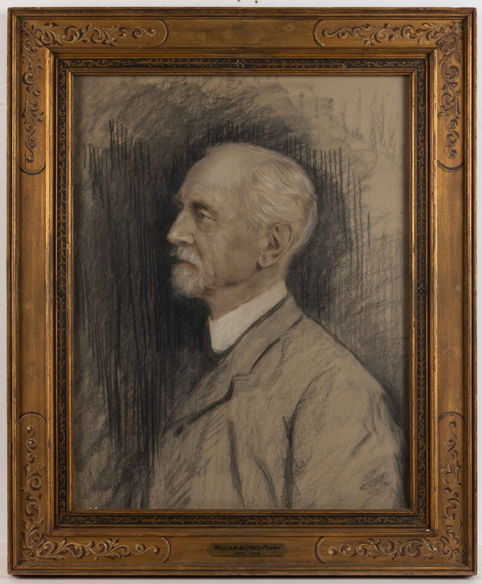 AMERICAN SCHOOL (20TH CENTURY) PORTRAIT OF A GENTLEMAN: AMERICAN SCHOOL (20TH CENTURY) PORTRAIT OF A GENTLEMAN, charcoal on paper, elderly subject in profile, identified as "WILLIAM ALFRED TURNER (1835-1916)" on frame plaque, additional inscripti