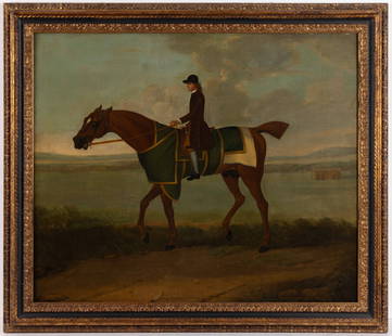 AFTER JAMES SEYMOUR (BRITISH, 1702-1752) EQUESTRIAN PAINTING OF A HORSE: AFTER JAMES SEYMOUR (BRITISH, 1702-1752) EQUESTRIAN PAINTING OF A HORSE, oil on canvas, depicting a horse and rider trotting through a Classical-style British landscape. Possibly a depiction of Flying