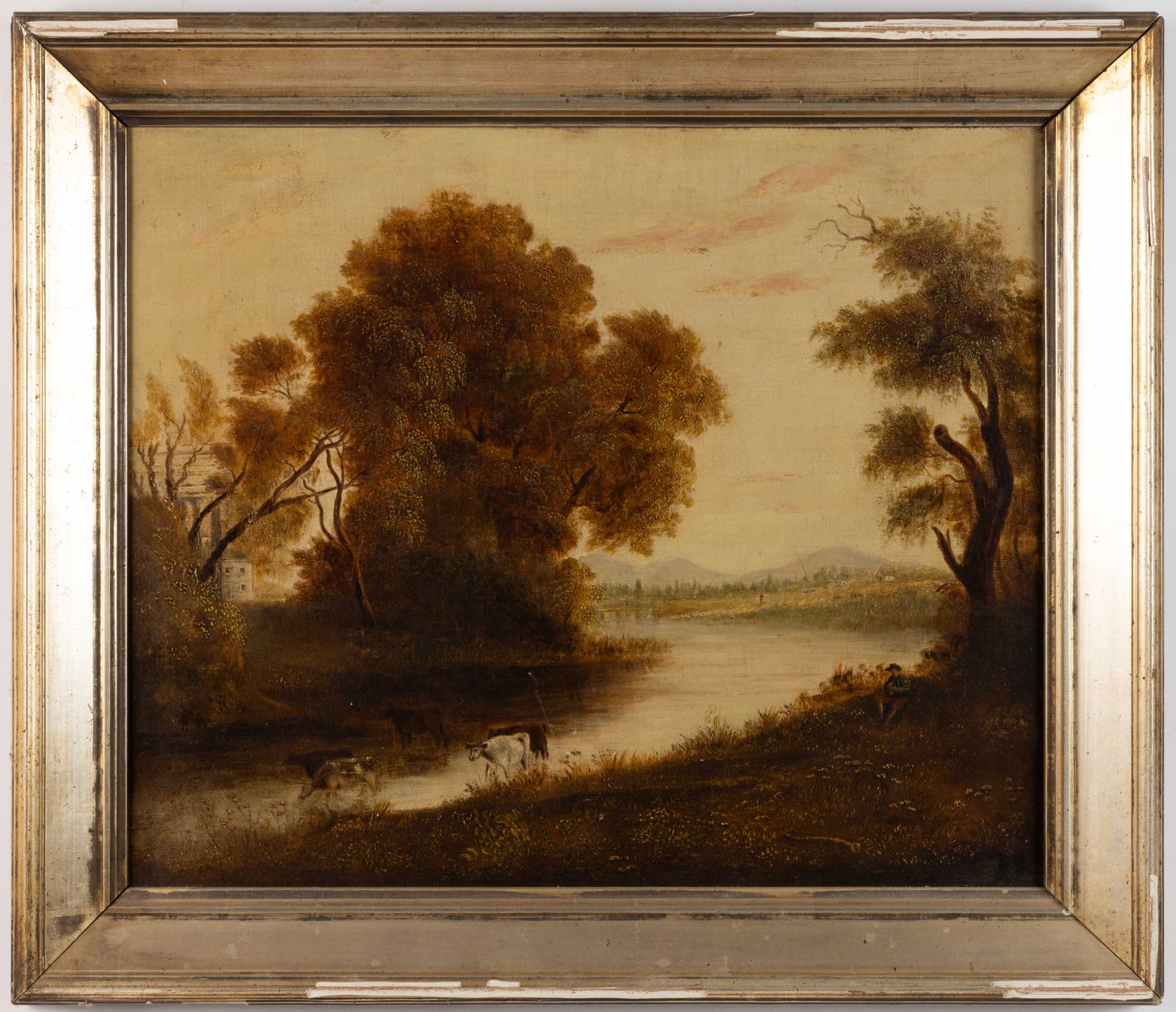 AMERICAN OR BRITISH SCHOOL (19TH CENTURY) PASTORAL LANDSCAPE: AMERICAN OR BRITISH SCHOOL (19TH CENTURY) PASTORAL LANDSCAPE, oil on canvas, featuring cattle wading in a river with a country village in the distance, no signature located. Housed in a period molded