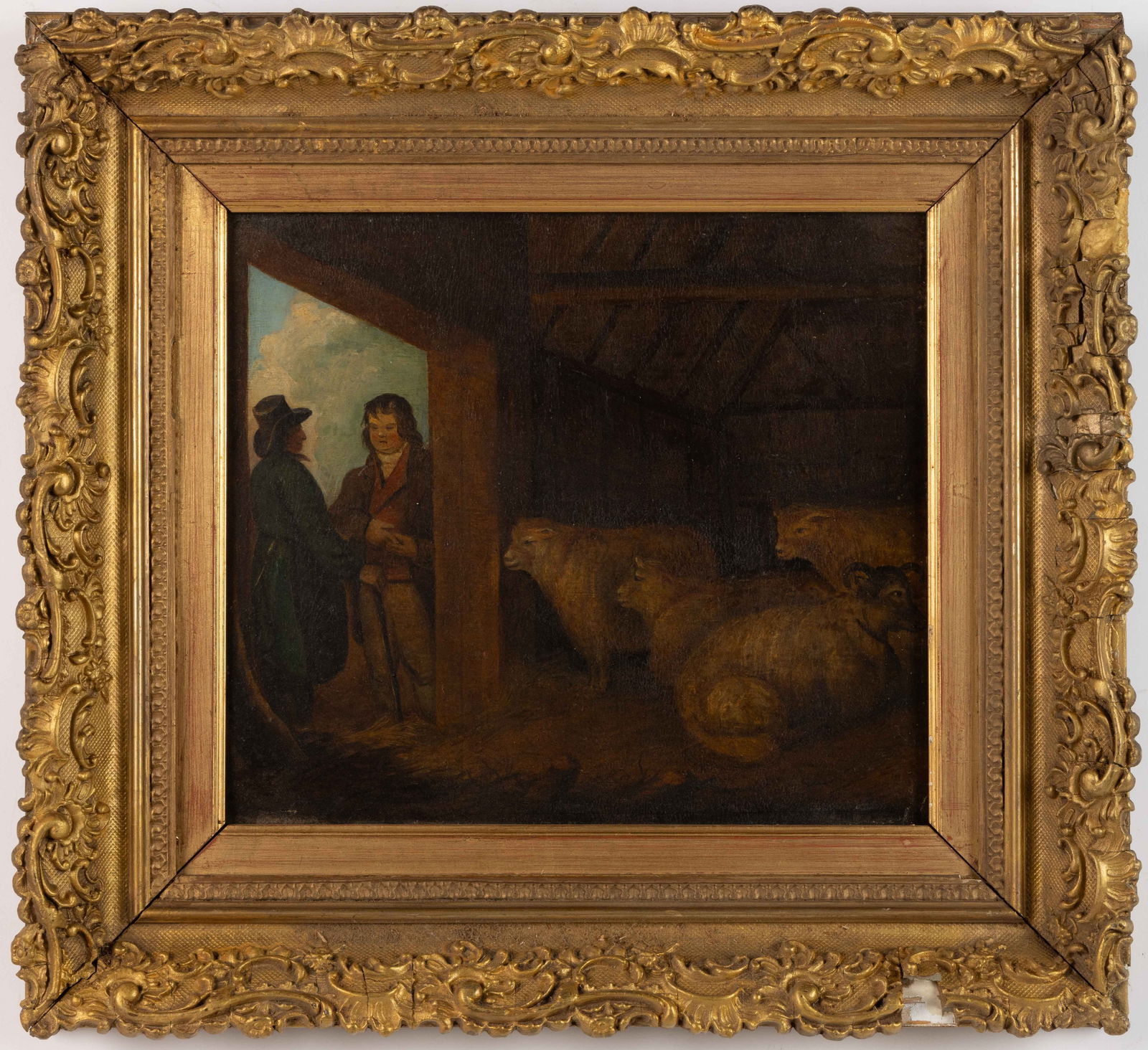 BRITISH SCHOOL (19TH CENTURY) BARN SCENE WITH SHEEP AND FARMERS (1 of 5)