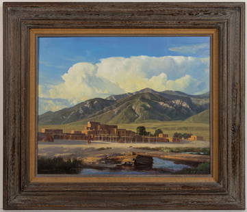 WILLIAM SCOTT JENNINGS (AMERICAN, B. 1952) "TAOS SUMMER" LANDSCAPE PAINTING: WILLIAM SCOTT JENNINGS (AMERICAN, B. 1952) "TAOS SUMMER" LANDSCAPE PAINTING, oil on canvas, depicting a Pueblo-style building set into a mountainous New Mexico landscape. Entitled Taos