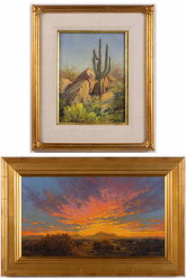 WILLIAM SCOTT JENNINGS (AMERICAN, B. 1952) LANDSCAPE PAINTINGS, LOT OF TWO: WILLIAM SCOTT JENNINGS (AMERICAN, B. 1952) LANDSCAPE PAINTINGS, LOT OF TWO, oil on various forms of artist's board, each depicting a natural scene in the Southwestern United States. Each is h