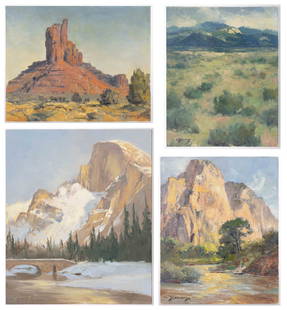 WILLIAM SCOTT JENNINGS (AMERICAN, B. 1952) LANDSCAPE PAINTINGS, LOT OF FOUR: WILLIAM SCOTT JENNINGS (AMERICAN, B. 1952) LANDSCAPE PAINTINGS, LOT OF FOUR, oil on various forms of artist's board, each depicting a natural scene in the Southwestern United States including Monu