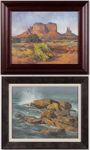 WILLIAM SCOTT JENNINGS (AMERICAN, B. 1952) LANDSCAPE PAINTINGS, LOT OF TWO: WILLIAM SCOTT JENNINGS (AMERICAN, B. 1952) LANDSCAPE PAINTINGS, LOT OF TWO, oil on various forms of artist's board, each depicting a natural scene in the Southwestern United States. Each is h