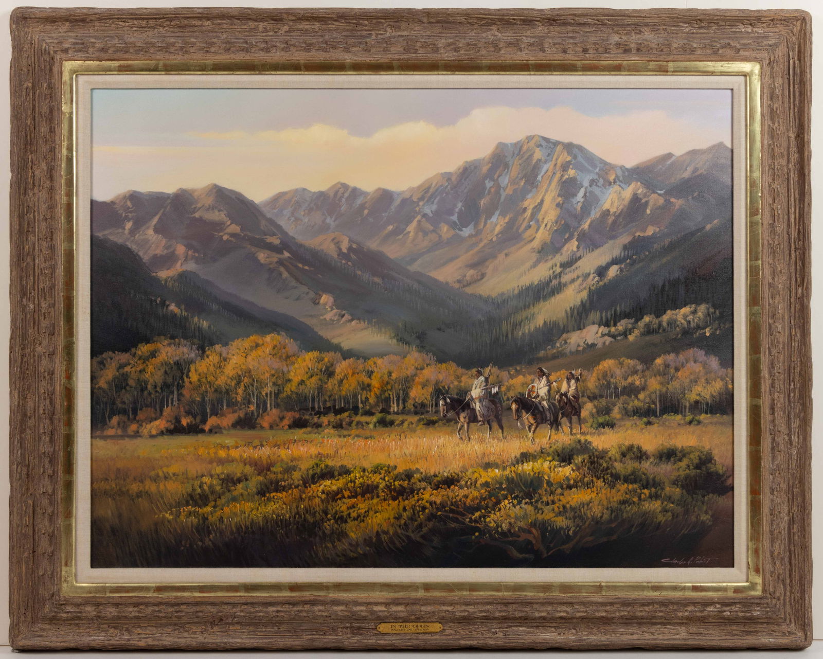CHARLES H. PABST (AMERICAN, B. 1950) "IN THE OPEN" LANDSCAPE PAINTING: CHARLES H. PABST (AMERICAN, B. 1950) "IN THE OPEN" LANDSCAPE PAINTING, oil on canvas, depicting three Native American figures on horseback riding through a meadow with very tall mountains in