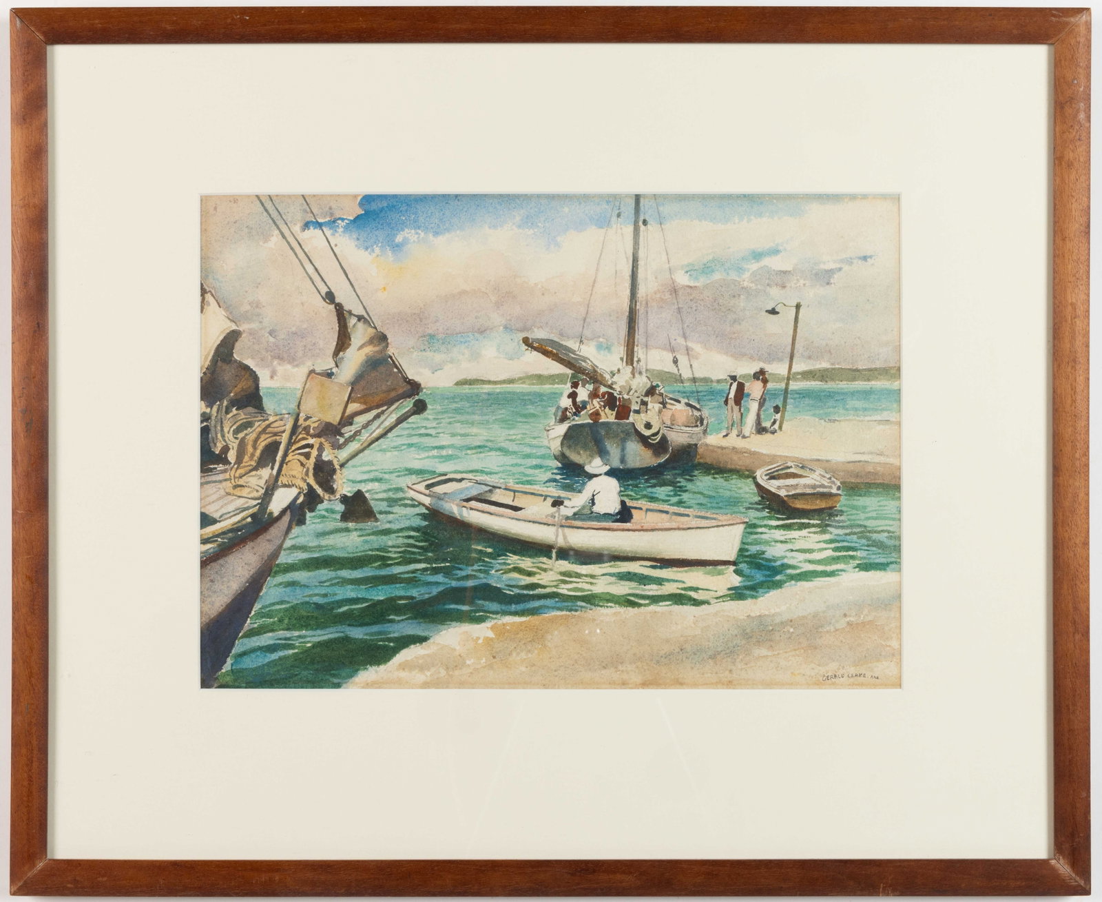 GERALD LEAKE (ENGLISH-AMERICAN, 1885-1975) WHARF SCENE WITH BOATS AND FIGURES: GERALD LEAKE (ENGLISH-AMERICAN, 1885-1975) WHARF SCENE WITH BOATS AND FIGURES, watercolor on paper, possibly a Jamaican view, signed lower right. Housed in a modern frame. Mid 20th century. 10 1/