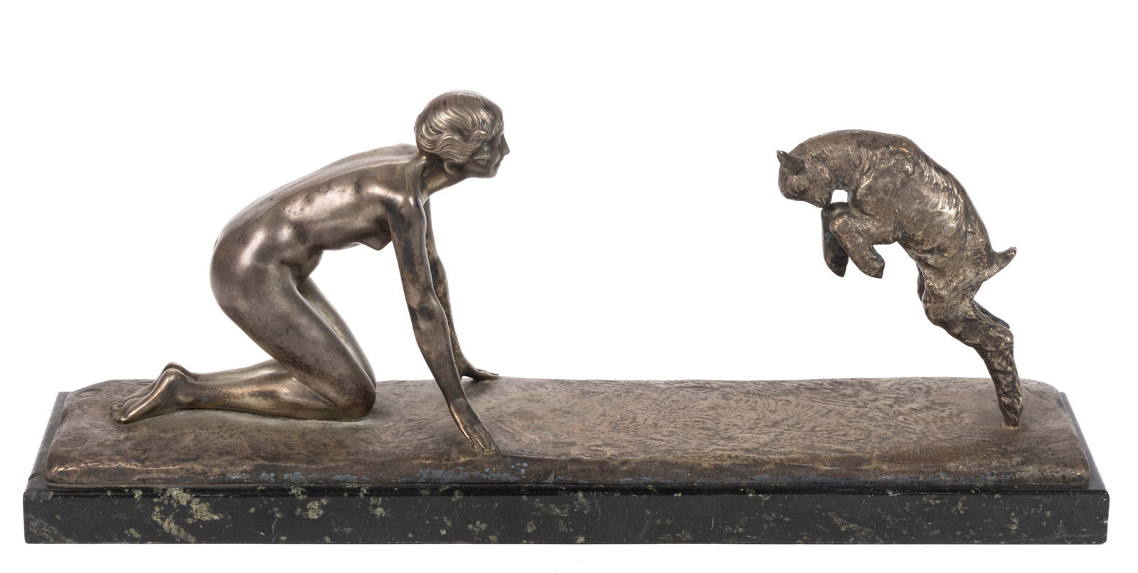 VICTOR SILVESTRE (FRENCH, 1884-1976) "JEUNE FEMME AU CABRI" SILVERED BRONZE SCULPTURE (1 of 6)