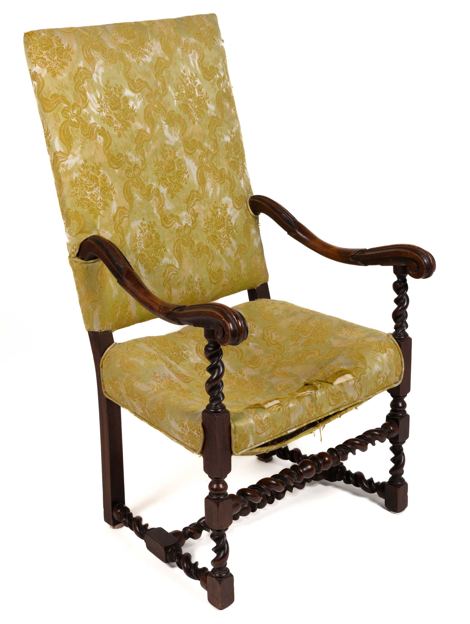 CONTINENTAL MAHOGANY OPEN ARMCHAIR: CONTINENTAL MAHOGANY OPEN ARMCHAIR, the rectangular back over shaped and carved arms, a trapezoidal seat, the whole supported by barley-twist legs connected by a turned H-form stretcher. Retains a 20t