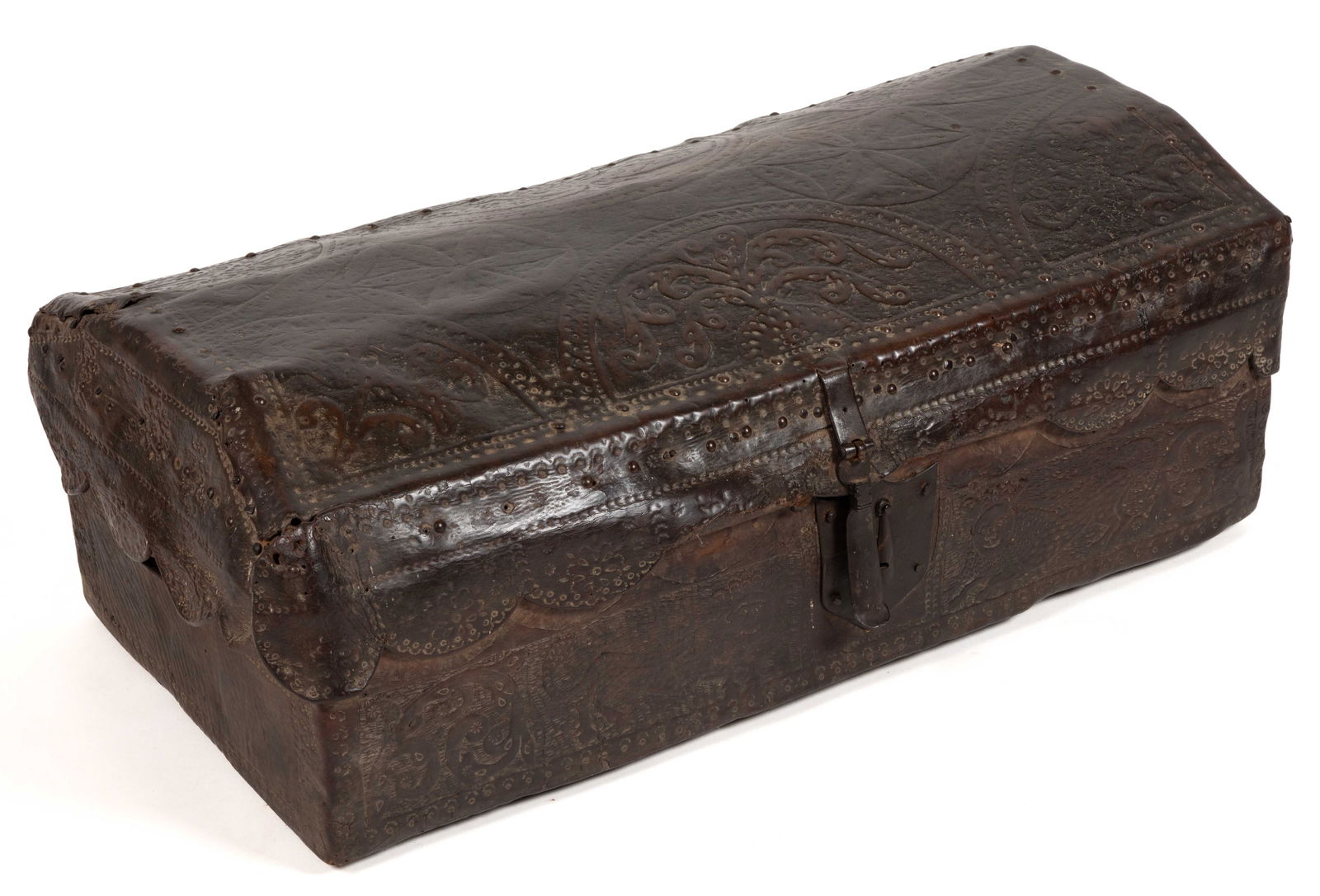 SPANISH COLONIAL TOOLED LEATHER COVERED WOODEN TRUNK (1 of 8)