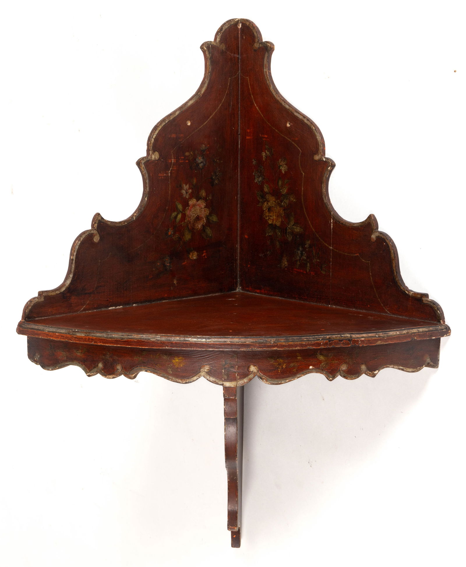 CONTINENTAL CARVED AND PAINT-DECORATED WOODEN HANGING CORNER SHELF (1 of 2)