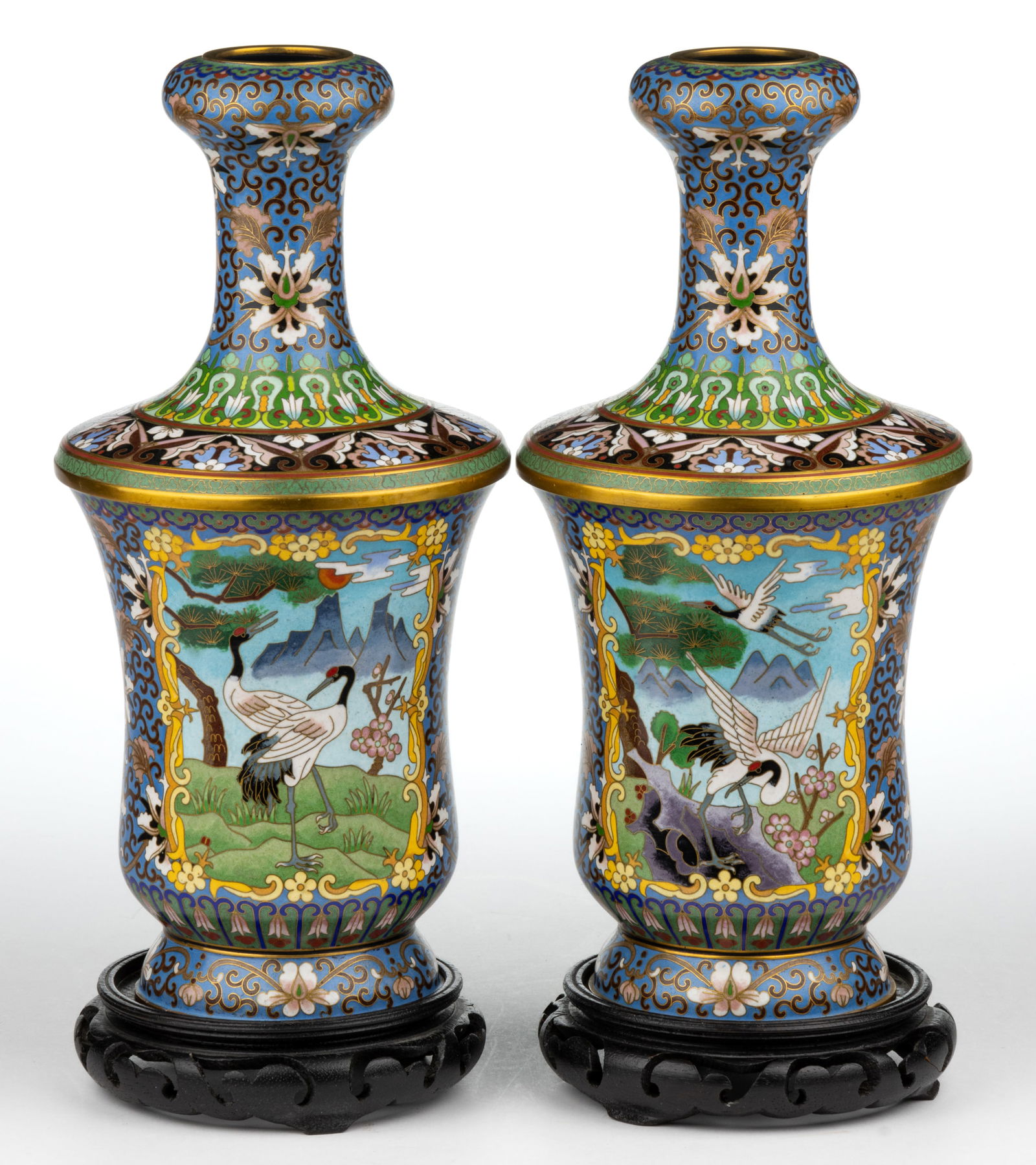 PAIR OF CHINESE CLOISONNE STORK / CRANE VASES ON STANDS (1 of 6)