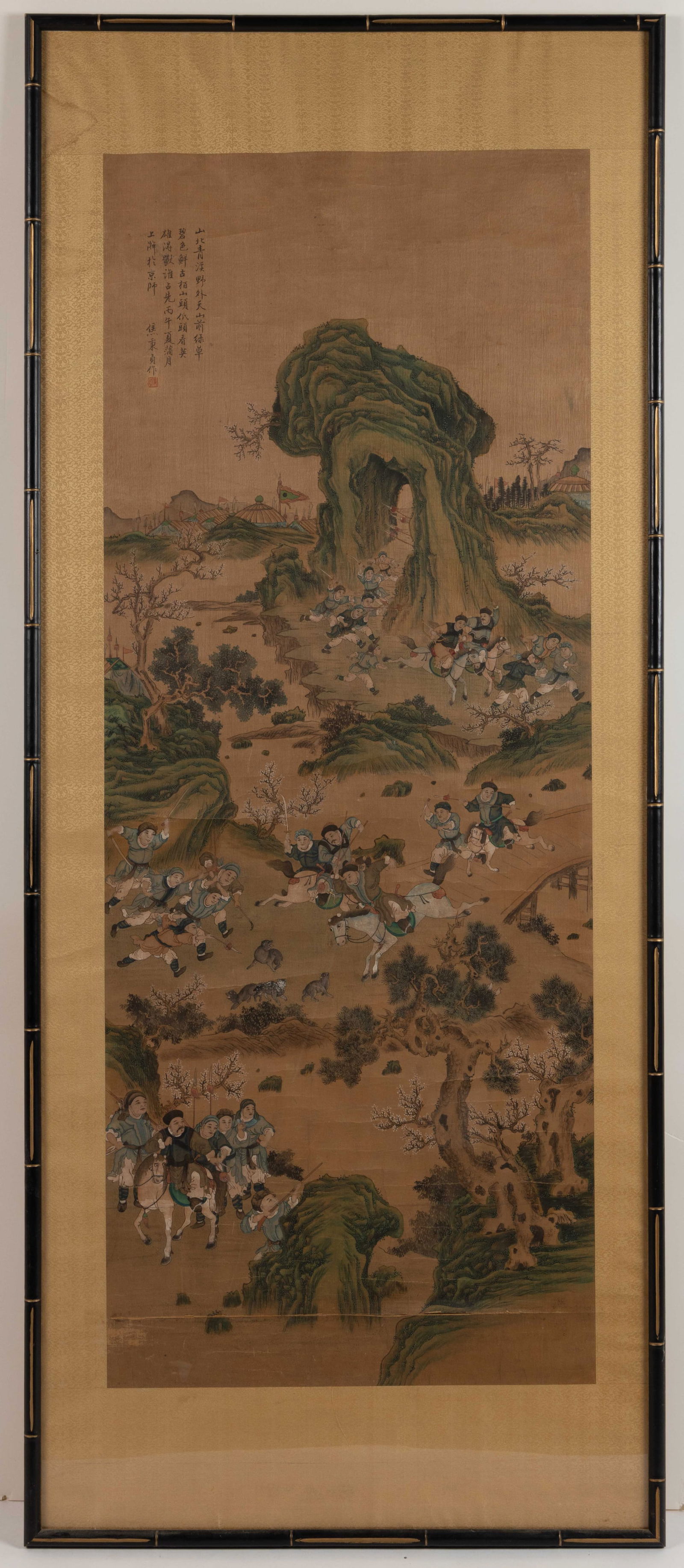 AFTER JIAO BINGZHEN (CHINESE, ACTIVE 1689-1726) HUNT SCENE PAINTING ON SILK SCROLL (1 of 4)