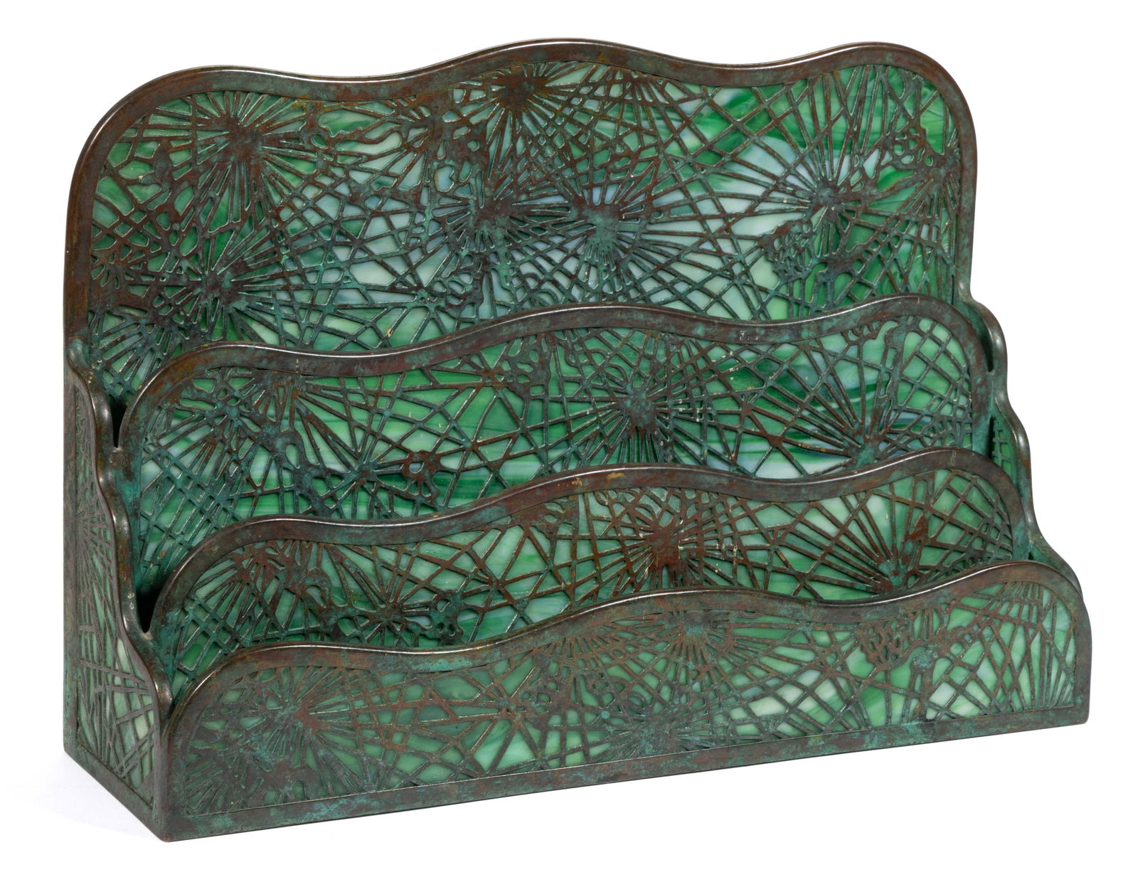 TIFFANY STUDIOS "PINE NEEDLE" BRONZE AND SLAG GLASS PAPER RACK (1 of 4)