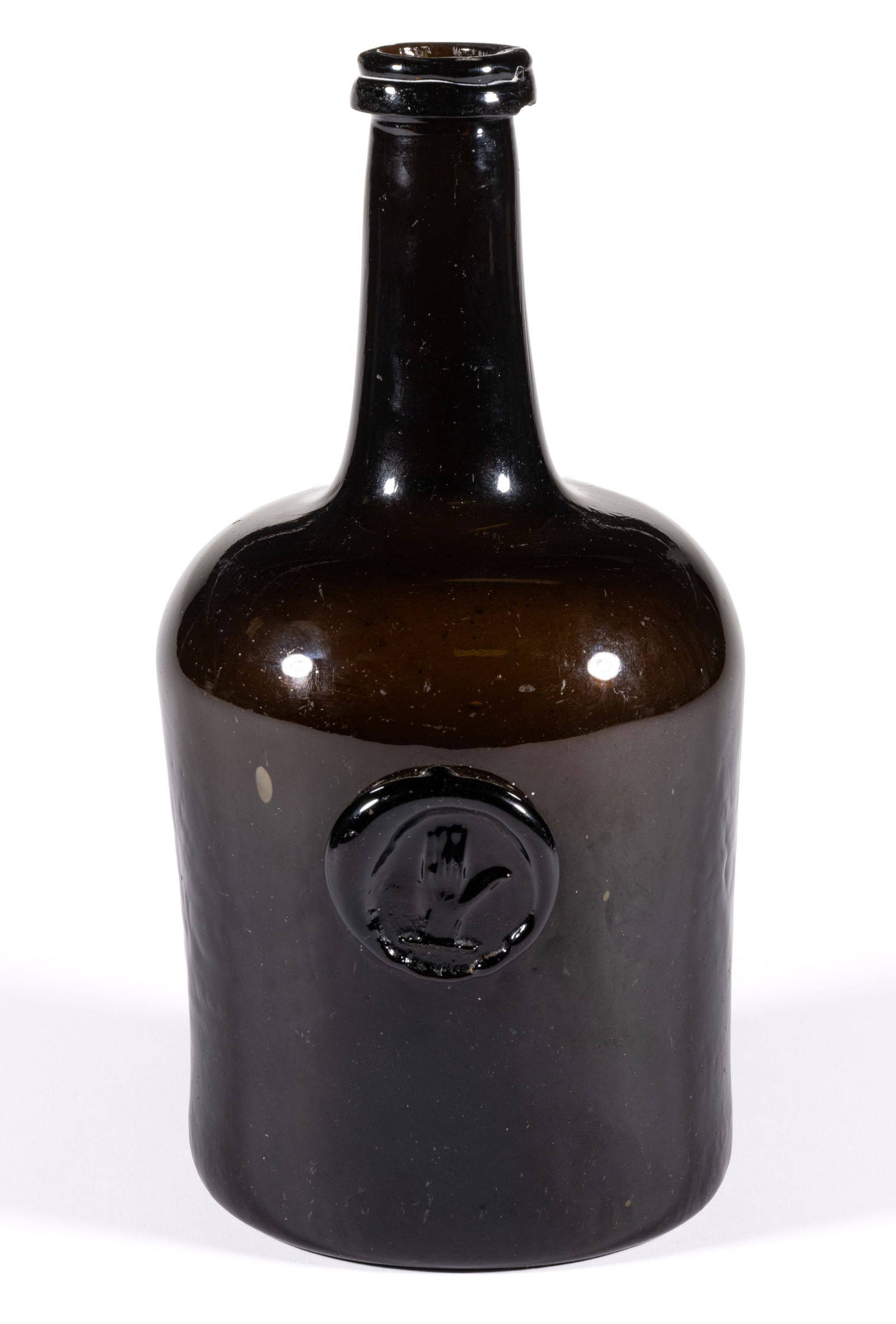 ENGLISH PICTORIAL CREST APPLIED SEAL BLACK GLASS SQUAT CYLINDRICAL UTILITY / WINE BOTTLE