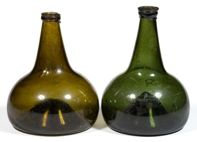 DUTCH FREE-BLOWN BLACK GLASS ONION / UTILITY BOTTLES, LOT OF TWO