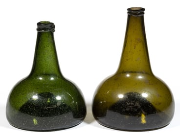 DUTCH FREE-BLOWN BLACK GLASS ONION / UTILITY BOTTLES, LOT OF TWO