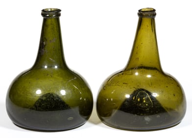 DUTCH FREE-BLOWN BLACK GLASS ONION / UTILITY BOTTLES, LOT OF TWO