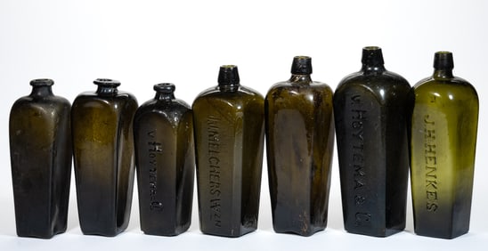 ASSORTED BLOWN-MOLDED DUTCH CASE-GIN BOTTLES, LOT OF SEVEN