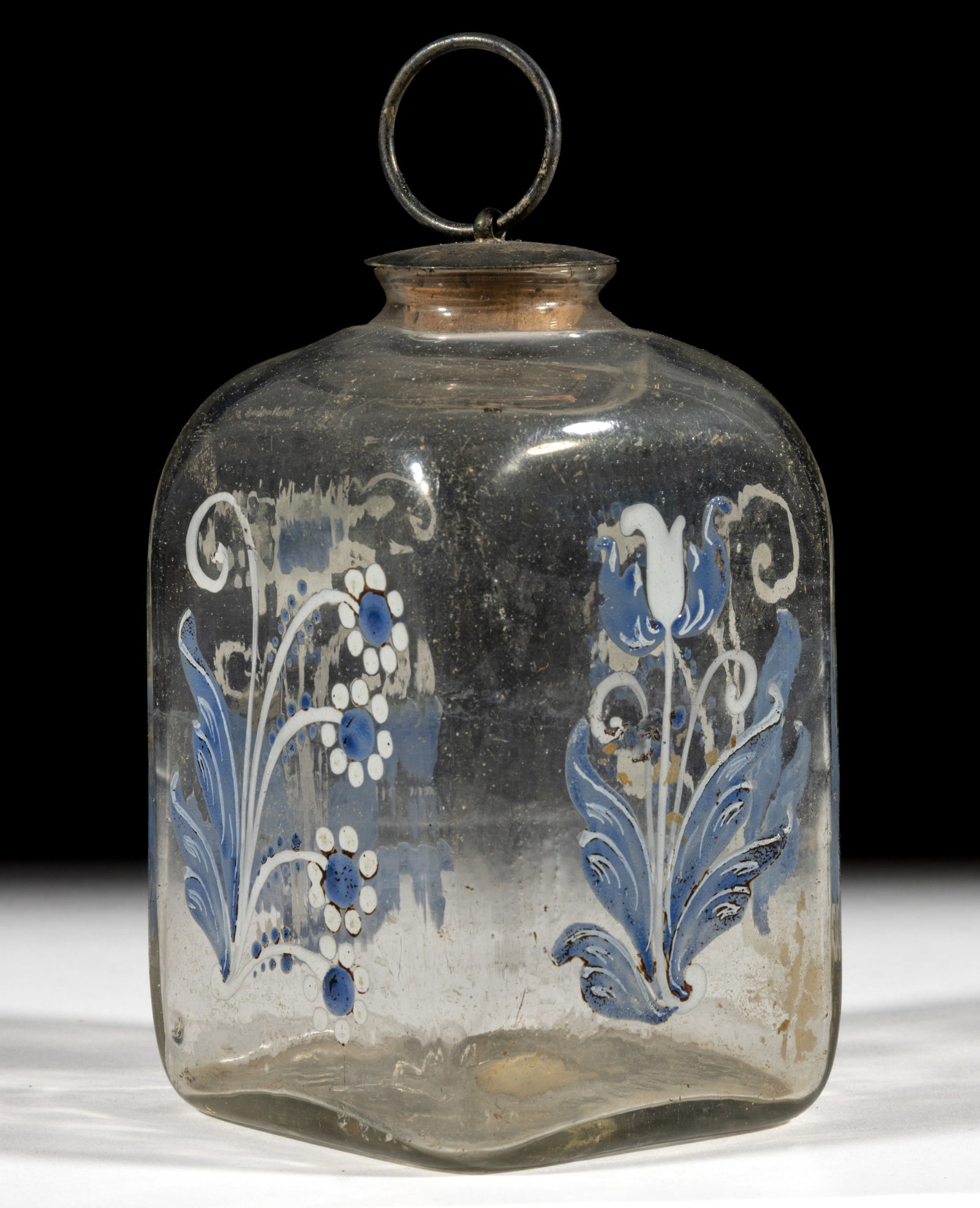 HALF-POST BLOWN AND DECORATED "STIEGEL-TYPE" SNUFF BOTTLE / JAR: HALF-POST BLOWN AND DECORATED "STIEGEL-TYPE" SNUFF BOTTLE / JAR, colorless glass, half-post method blown in square so-called "case bottle" form, hand-painted enamel 