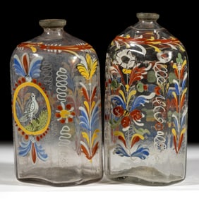 HALF-POST BLOWN AND DECORATED "STIEGEL-TYPE" BOTTLES / FLASKS, LOT OF TWO