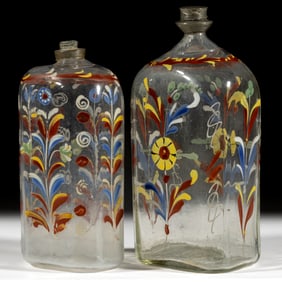 HALF-POST BLOWN AND DECORATED "STIEGEL-TYPE" BOTTLES / FLASKS, LOT OF TWO