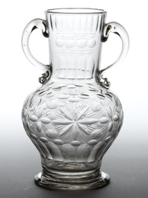 FREE-BLOWN, CUT, AND ENGRAVED GLOBULAR-FORM DOUBLE HANDLED JUG