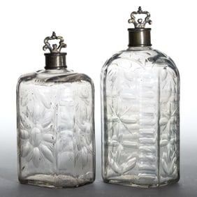 HALF-POST BLOWN, CUT, AND ENGRAVED BOTTLES / FLASKS, LOT OF TWO