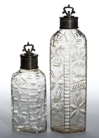 HALF-POST BLOWN, CUT, AND ENGRAVED BOTTLES / FLASKS, LOT OF TWO