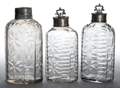 HALF-POST BLOWN, CUT, AND ENGRAVED BOTTLES / FLASKS, LOT OF THREE