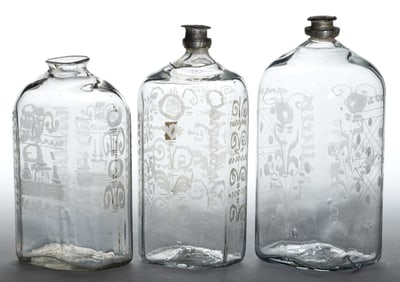 HALF-POST BLOWN AND ENGRAVED "STIEGEL-TYPE" BOTTLES / FLASKS, LOT OF THREE