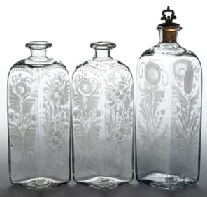 HALF-POST BLOWN AND ENGRAVED "STIEGEL-TYPE" BOTTLES / DECANTERS, LOT OF THREE