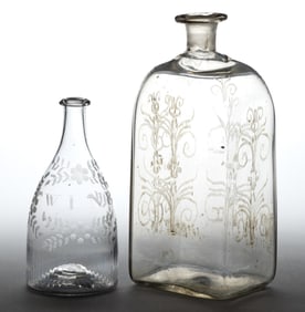 BLOWN AND ENGRAVED "STIEGEL-TYPE" BOTTLES / DECANTERS, LOT OF TWO