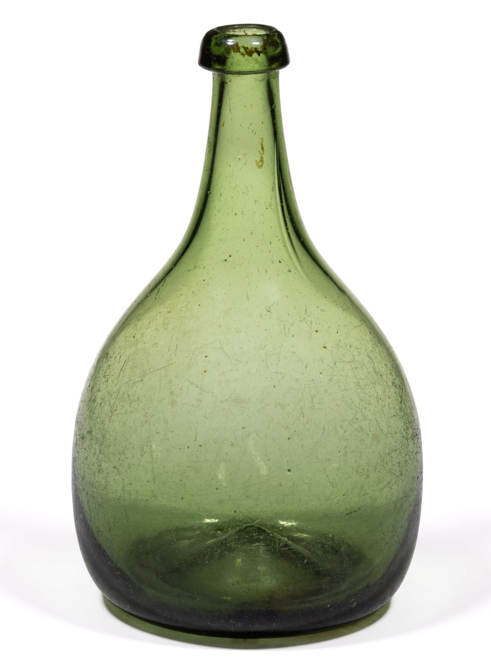 FREE-BLOWN SOUTH JERSEY TYPE CHESTNUT BOTTLE / FLASK: FREE-BLOWN SOUTH JERSEY TYPE CHESTNUT BOTTLE / FLASK, forest green, flattened globular body, thick outwardly-folded round mouth, moderately kicked-up base with rough pontil mark. P