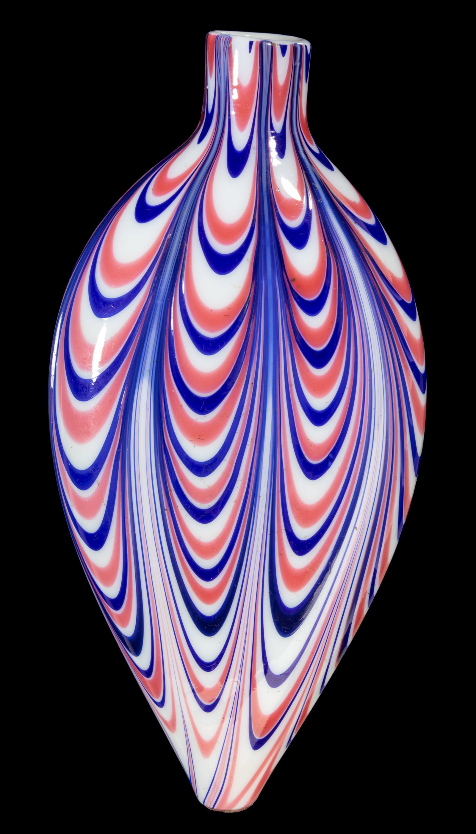 FREE-BLOWN MARBRIE-DECORATED FLASK: FREE-BLOWN MARBRIE-DECORATED FLASK, opaque white with eight groups of rose and blue loopings, flattened ovoid form, polished pontil mark. Boston & Sandwich Glass Co. and others. Circa 1875. 7