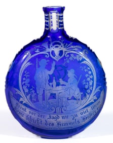 BOHEMIAN ACID-ETCHED AND CUT OVERLAY GLASS FLASK