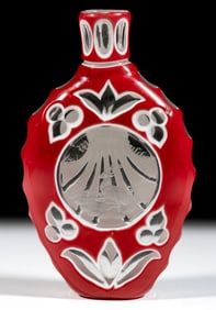 BOHEMIAN CUT AND ENGRAVED DOUBLE-OVERLAY GLASS FLASK