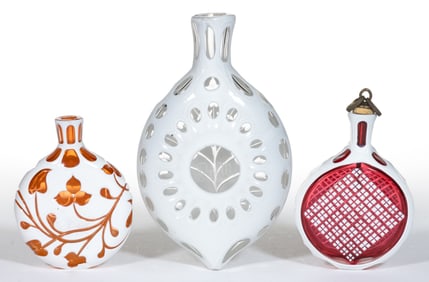 BOHEMIAN CUT-OVERLAY GLASS FLASKS, LOT OF THREE