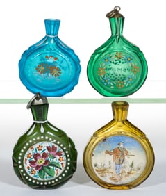 CONTINENTAL CUT AND DECORATED GLASS PERFUME BOTTLES, LOT OF FOUR